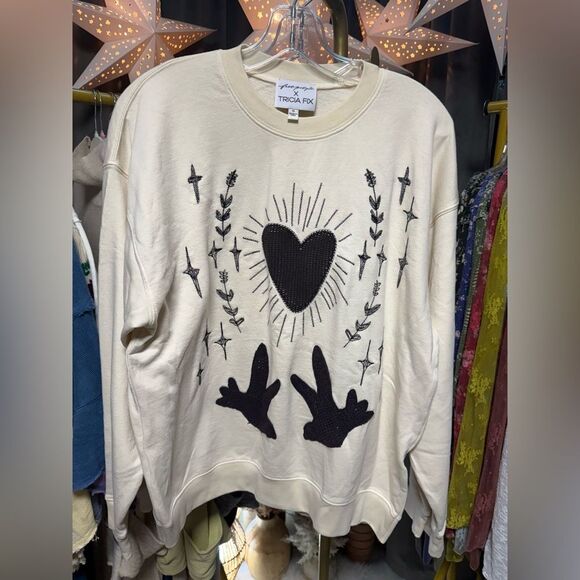 Tricia Fix x Free People My Heart Embroidered Crewneck Sweatshirt in Ivory NWOT - Picture 8 of 9